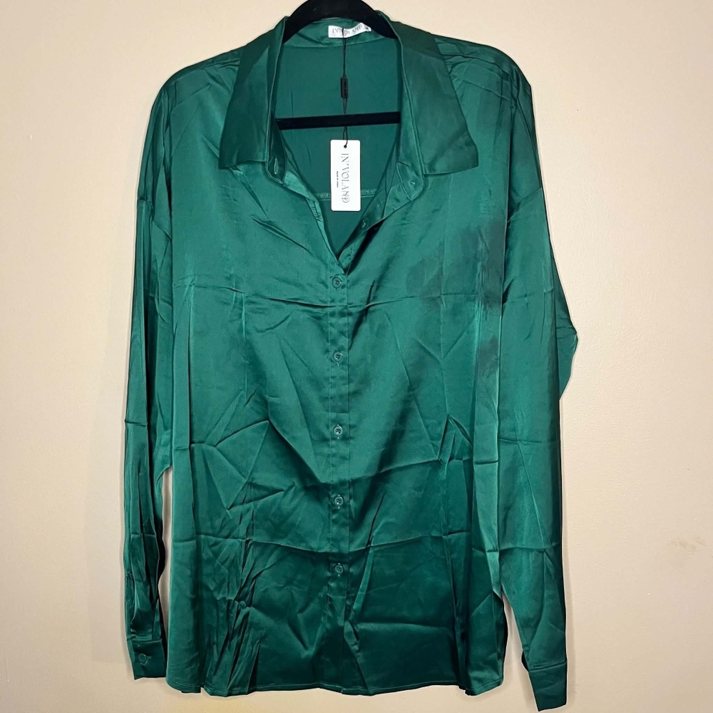 IN'VOLAND Womens Green 24W Satin Button Down Blouse